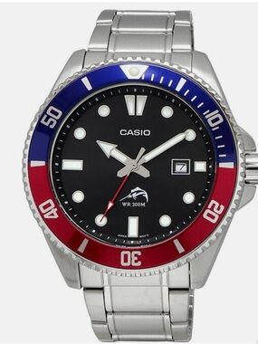 Casio Silver Watch with Black Dial and Red & marlin  Blue Bezel